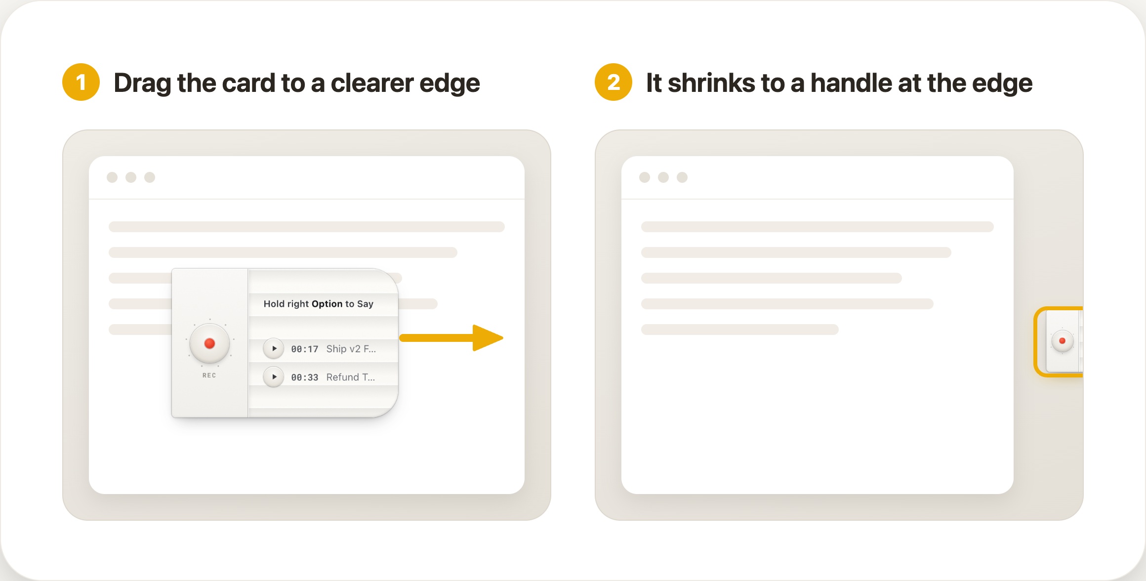 The HoldSay voice card dragged toward the screen edge, then tucked as a small handle
