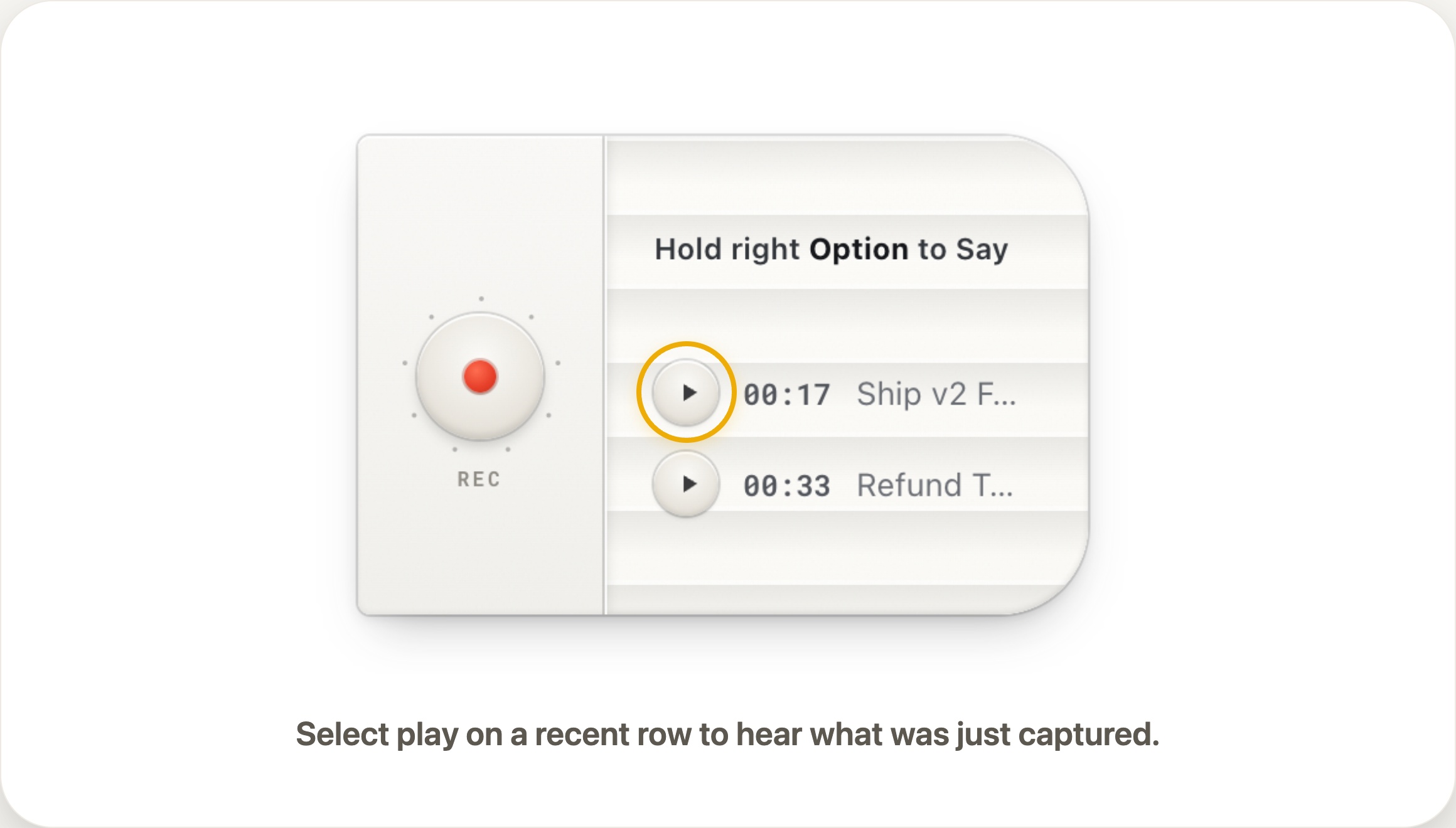 The HoldSay voice card with the play controls on its recent rows highlighted