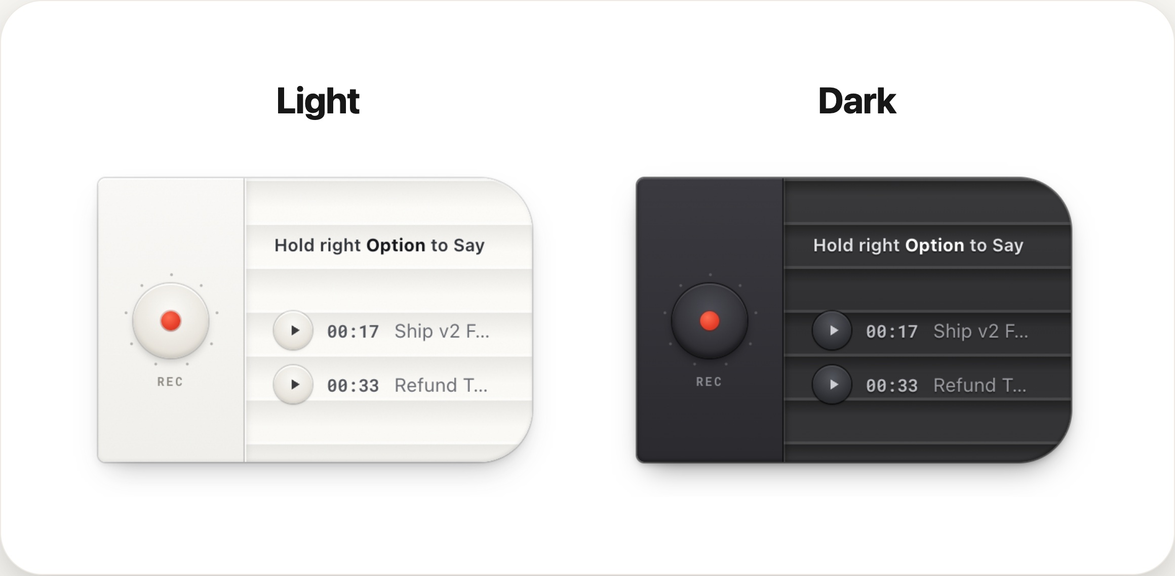 The same HoldSay voice card in light and dark appearance