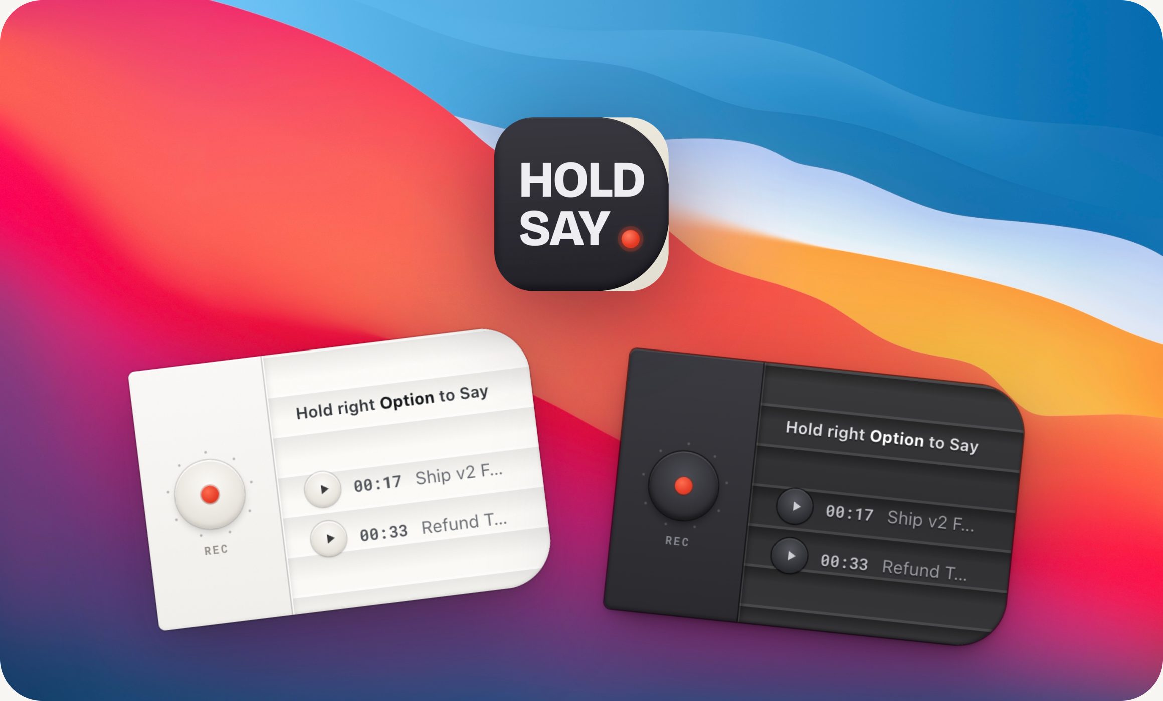 The HoldSay app icon above the floating voice card in its light and dark dress