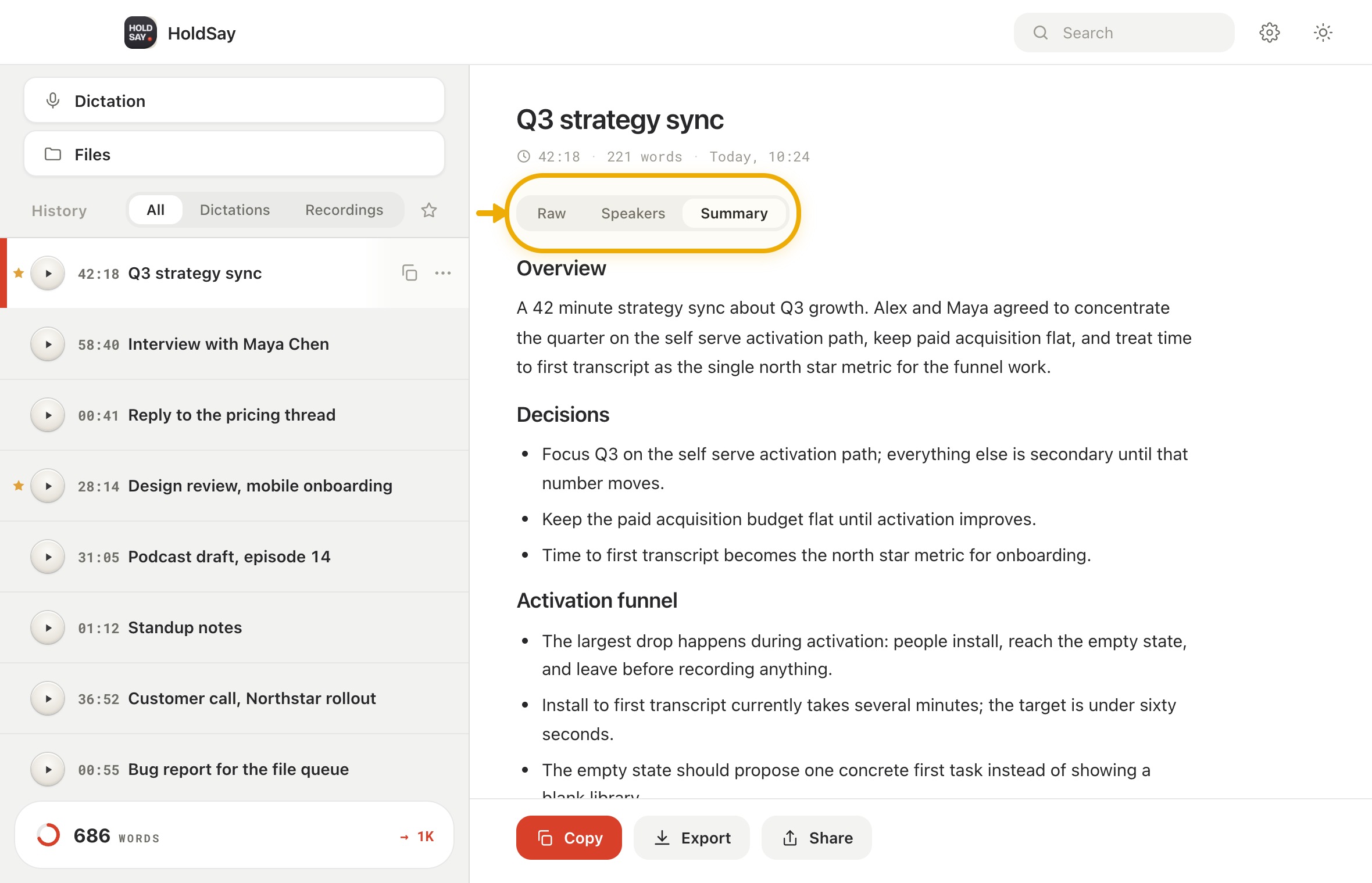 Find completed notes and choose the useful view in the HoldSay app, with Summary highlighted