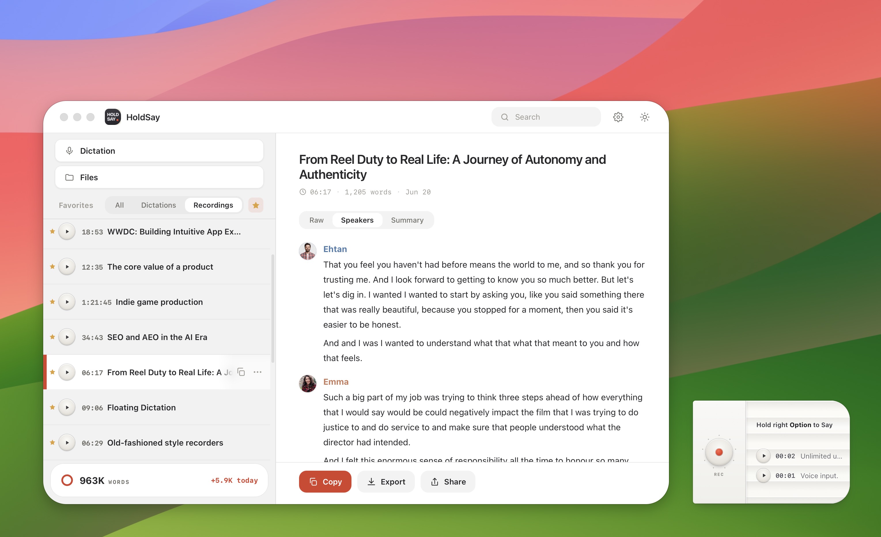 HoldSay on Mac showing the recordings library, a speaker transcript, and the floating voice card