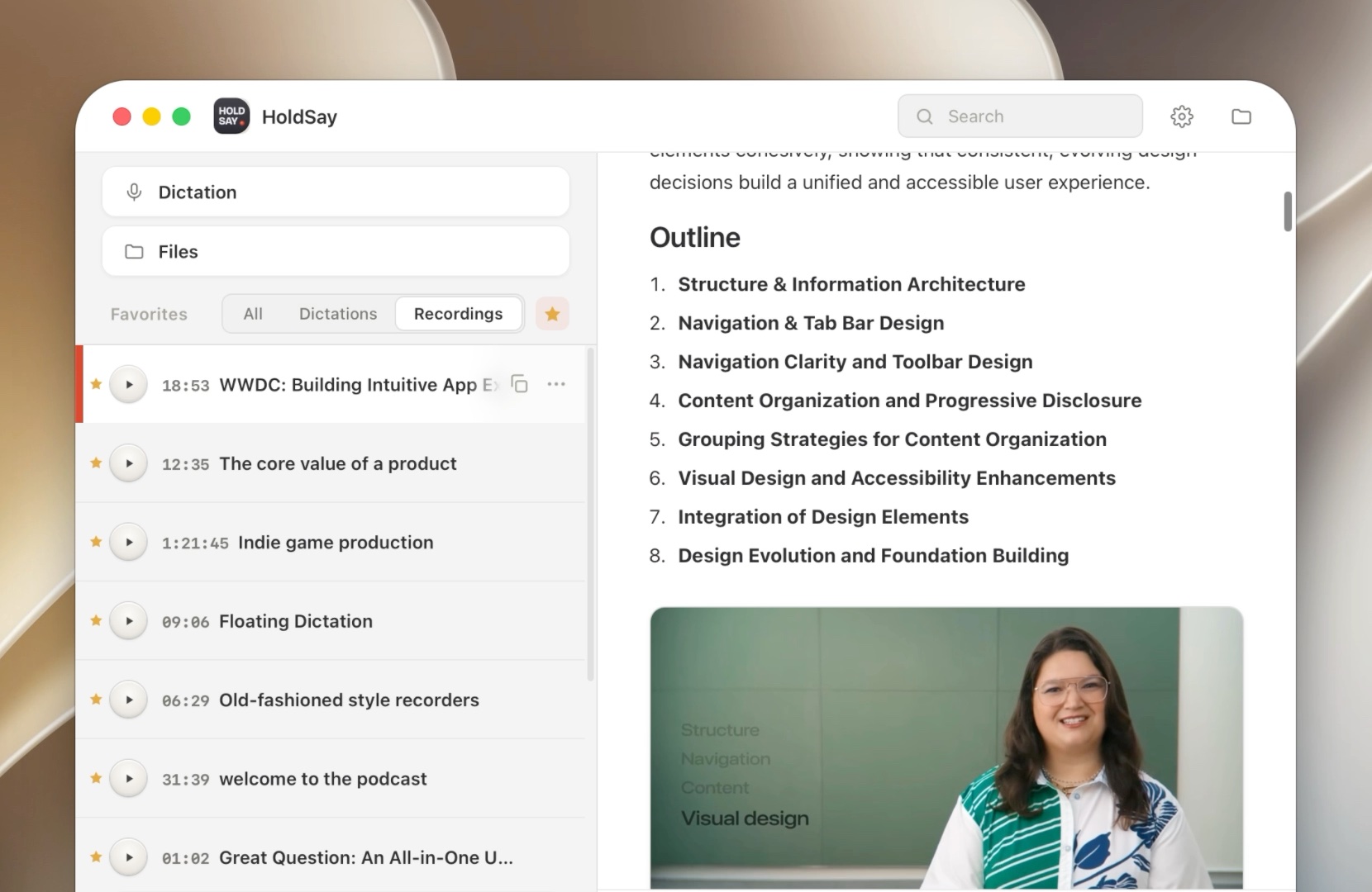 The HoldSay app with a list of recordings on the left and, on the right, an eight-section Outline generated from a WWDC session recording, above an embedded video frame.