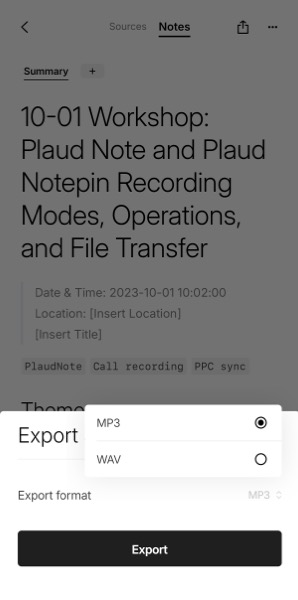 Plaud App export menu showing MP3 and WAV format choices