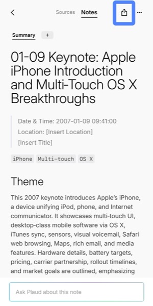 Plaud App recording screen with the export icon highlighted