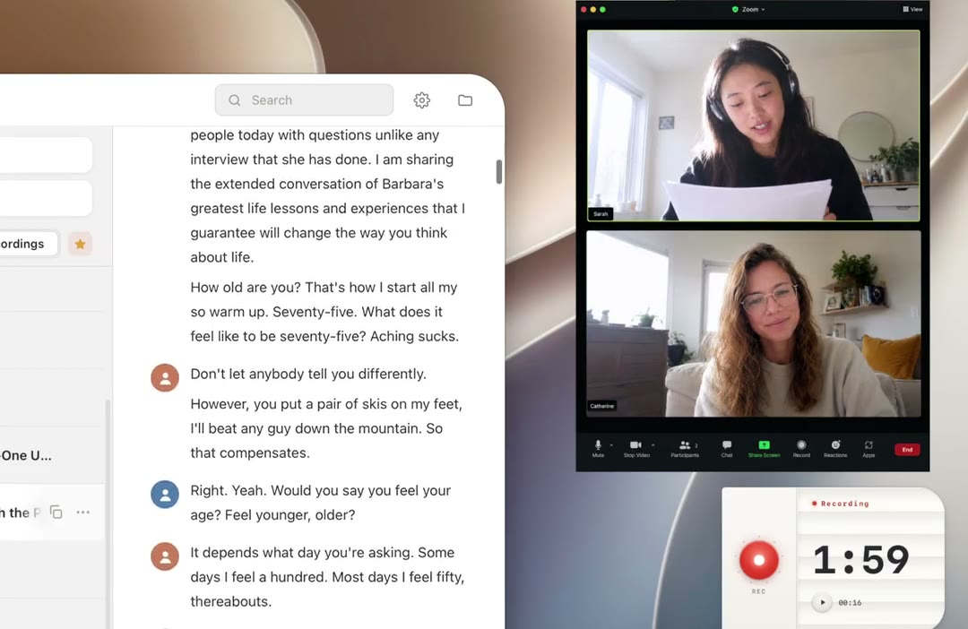 A video call with two participants on the right, HoldSay&rsquo;s recording card showing 1:59, and a transcript filling in on the left.